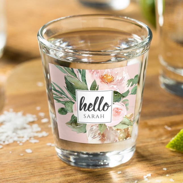 Moderne Aquarell-Blume & Hallo & Name Schnapsglas (Von Creator hochgeladen)