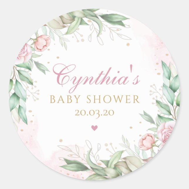 Moderne Aquarell Grünpflanzen Pink Floral Baby Dus Runder Aufkleber (Vorderseite)