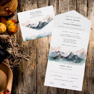 Moderne Aquarell-Herbst-Hochzeit in den Bergen im  All In One Einladung