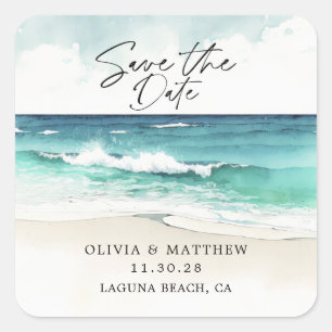 Moderne Aquarell-Ozean-Strand Save-the-Date  Quadratischer Aufkleber