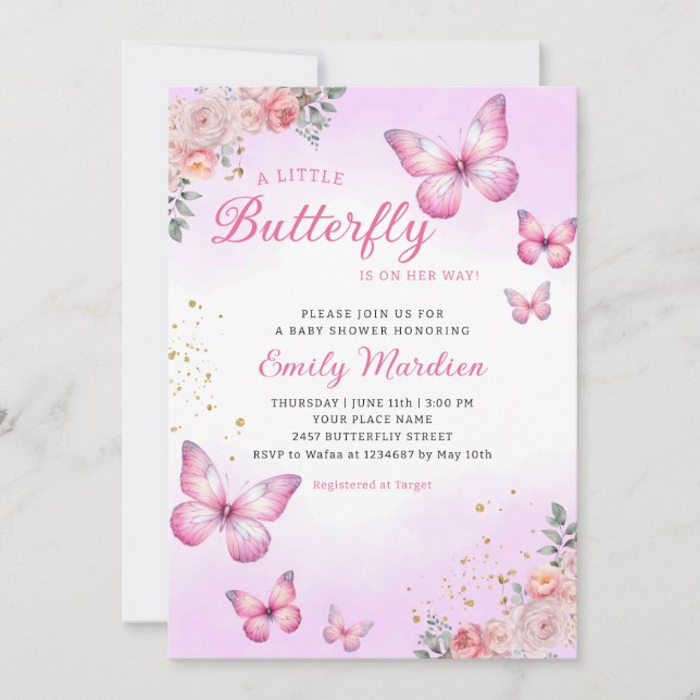 Moderne Aquarell Pink Butterfly Girl Babydusche Einladung (Vorderseite)