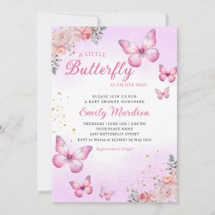 Moderne Aquarell Pink Butterfly Girl Babydusche Einladung