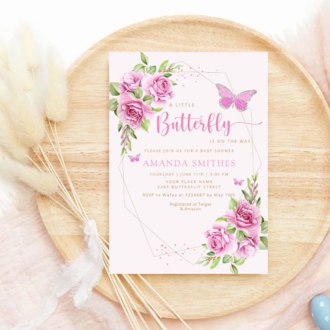 Moderne Aquarell Pink Butterfly Girl Babydusche Einladung (Von Creator hochgeladen)