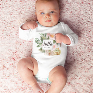 Moderne Aquarell-Rosa-Blumen & Hallo & Name Baby Strampler
