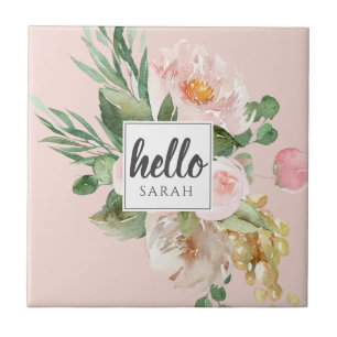 Moderne Aquarell-Rosa-Blumen & Hallo & Name Fliese