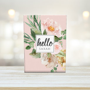 Moderne Aquarell-Rosa-Blumen & Hallo & Name Fotoblock