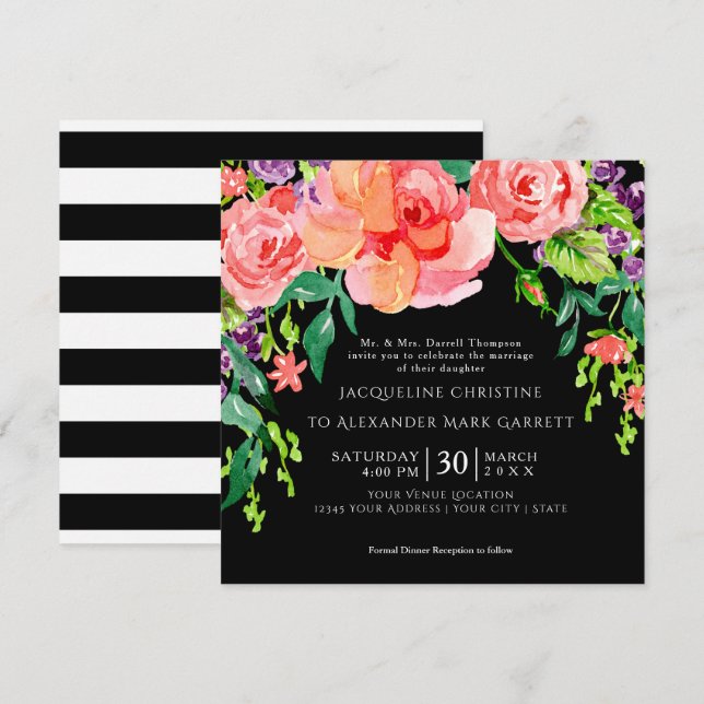 Moderne Aquarell-Rose Floral Wedding Black Ground Einladung (Vorne/Hinten)
