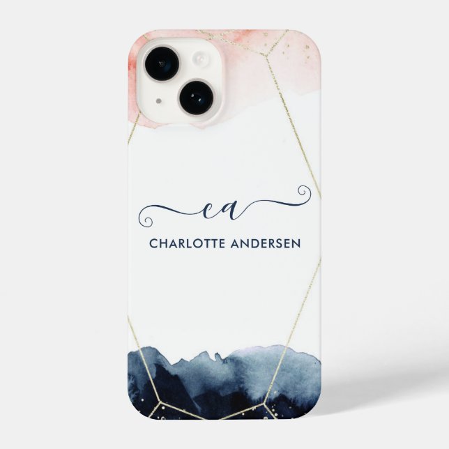 Moderne Aquarell-Rose Gold Blush Gold Monogram iPhone 14 Hülle (Rückseite)