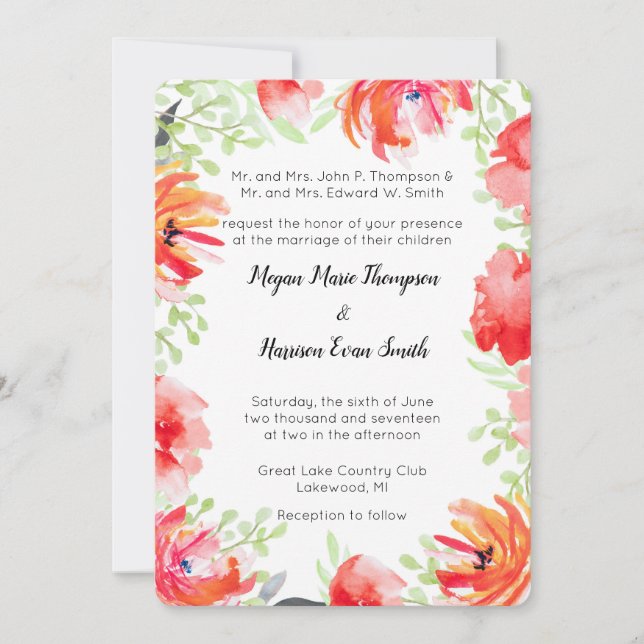 Moderne Aquarell Rote Blume Einladung Hochzeit (Vorderseite)