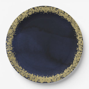 Moderne Aquarell-Stimmung Navy Blau & Gold Hochzei Pappteller