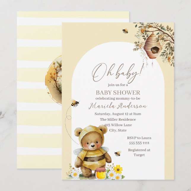 Moderne Aquarell Sweet Bee Baby Dusche Einladung (Vorne/Hinten)