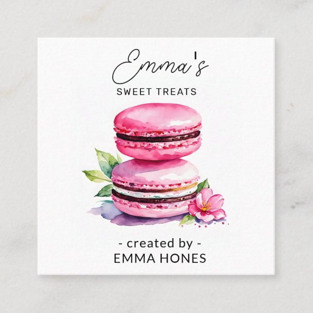 Moderne Aquarellbäckerei mit rosa Macaron Quadratische Visitenkarte (Vorderseite)