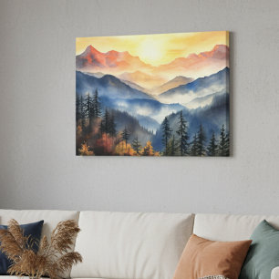 Moderne Aquarellbahn Berg Sonnenuntergang Landscha Leinwanddruck