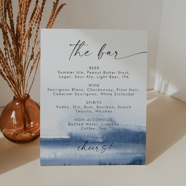 Moderne Aquarellblau Hochzeit Das Bar Menu Sockelschild (Von Creator hochgeladen)