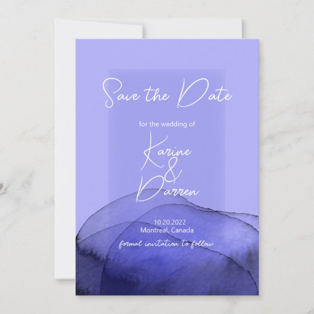 Moderne Aquarellblau-violett Save the Date lila (Vorderseite)