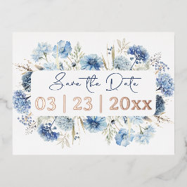 Moderne Aquarellblau-Wildblumen Save the Date Folie Einladungspostkarte