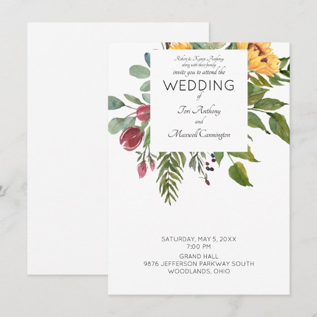 Moderne Aquarellblume Eltern weiße Hochzeit Einladung (Vorne/Hinten)