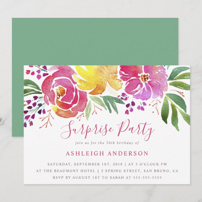 Moderne Aquarellblume Überraschung Party Einladung (Vorne/Hinten)