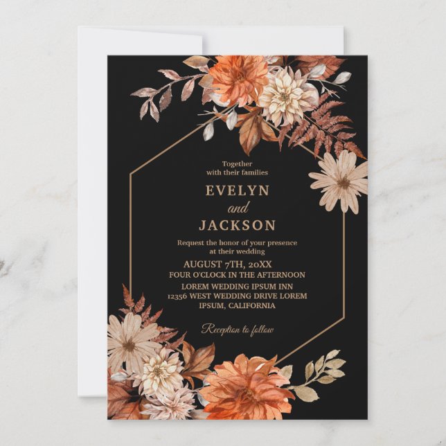 Moderne Aquarellblumen Hochzeit im Herbst Schwarz Einladung (Vorderseite)
