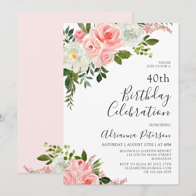 Moderne Aquarellblush Rose Bloral 40. Geburtstag Einladung (Vorne/Hinten)