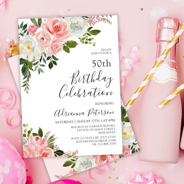 Moderne Aquarellblush Rose Bloral 50. Geburtstag Einladung (Von Creator hochgeladen)