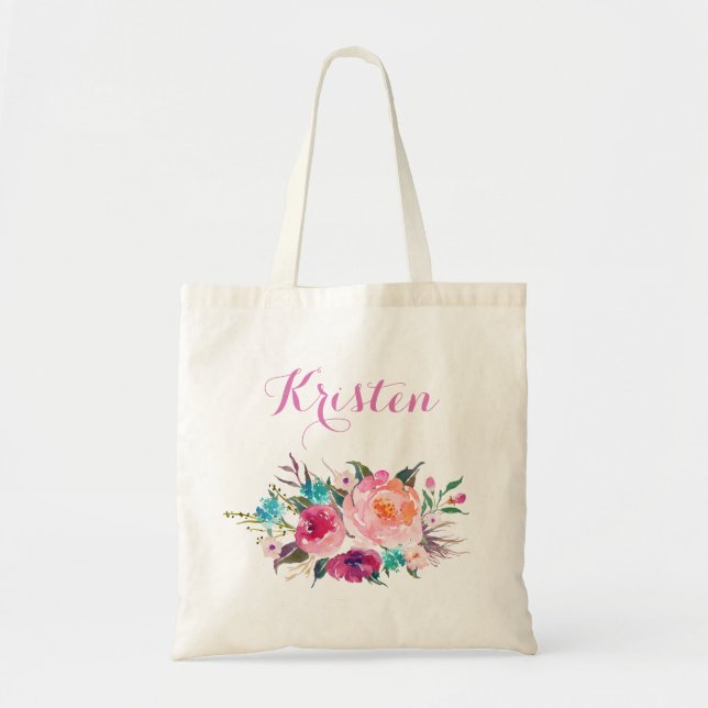 Moderne Aquarellfarbe Lila Rosa Blumenüberdacht Tragetasche (Vorne)