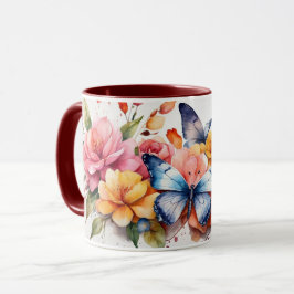 Moderne Aquarellfarbe Niedlich Butterfly Blume Tas Tasse