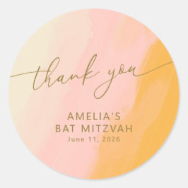 Moderne Aquarellfarbe Rosa Gelbe Bat Mitzvah Runder Aufkleber