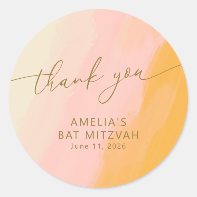 Moderne Aquarellfarbe Rosa Gelbe Bat Mitzvah Runder Aufkleber (Vorderseite)