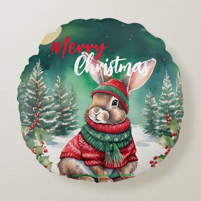 Moderne Aquarellfarbe Sonnenhasen Weihnachtsbaum S Rundes Kissen (Vorderseite)