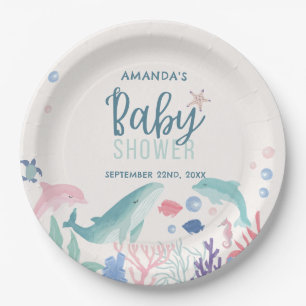 Moderne Aquarellfarbe unter der Sea Baby Dusche Pappteller