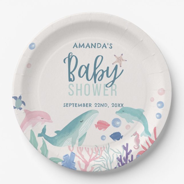 Moderne Aquarellfarbe unter der Sea Baby Dusche Pappteller (Vorderseite)