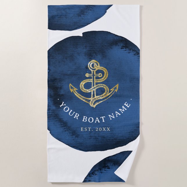 Moderne Aquarellfarben Anker Bootsname Navy Blue h Strandtuch (Vorderseite)