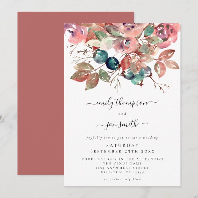 Moderne Aquarellfarben Aquamarine Floralhochzeit Einladung (Vorne/Hinten)