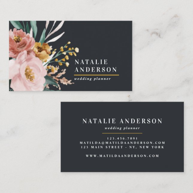 Moderne Aquarellfarben, Blumen und Blätter elegant Visitenkarte (Vorne/Hinten)