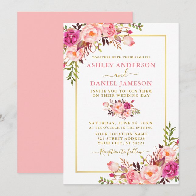 Moderne Aquarellfarben Blütenrosa Blush Gold Hochz Einladung (Vorne/Hinten)