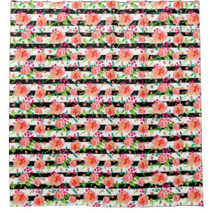 Moderne Aquarellfarben Blütenrosa Rosenschwarzer S Duschvorhang