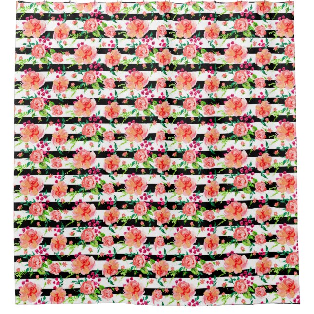 Moderne Aquarellfarben Blütenrosa Rosenschwarzer S Duschvorhang (Vorderseite)