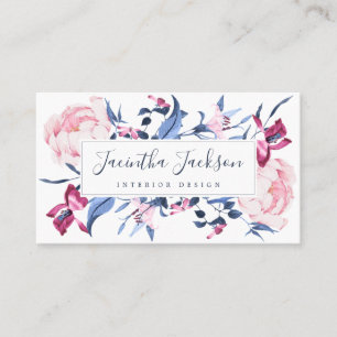 Moderne Aquarellfarben Botanisches Blau Pink Chic Visitenkarte