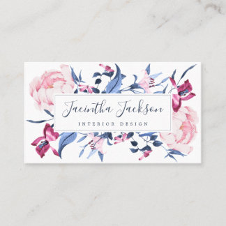 Moderne Aquarellfarben Botanisches Blau Pink Chic Visitenkarte