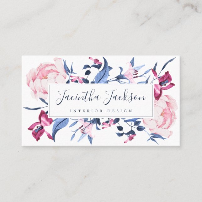 Moderne Aquarellfarben Botanisches Blau Pink Chic Visitenkarte (Vorderseite)