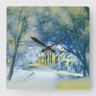 Moderne Aquarellfarben mit bunten, schneebedeckten Quadratische Wanduhr
