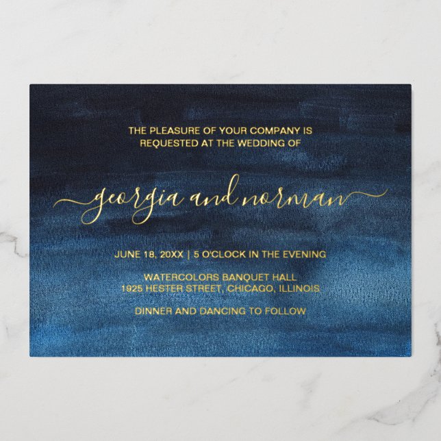 Moderne Aquarellfarben-Navy-Blue-Wedding Gold Folieneinladung (Vorderseite)