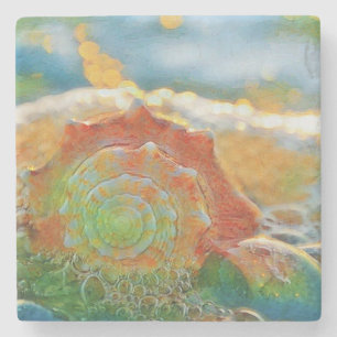 Moderne Aquarellfarben Orange und grüne Muscheln Steinuntersetzer