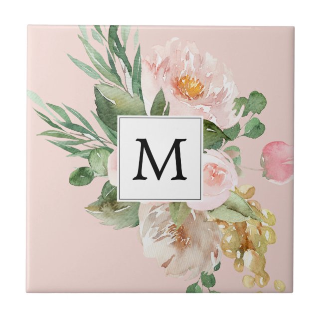 Moderne Aquarellfarben Rosa Blume Mit Monogramm Fliese (Vorderseite)