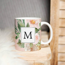 Moderne Aquarellfarben Rosa Blume Mit Monogramm Kaffeetasse