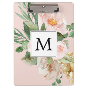 Moderne Aquarellfarben Rosa Blume Mit Monogramm Klemmbrett
