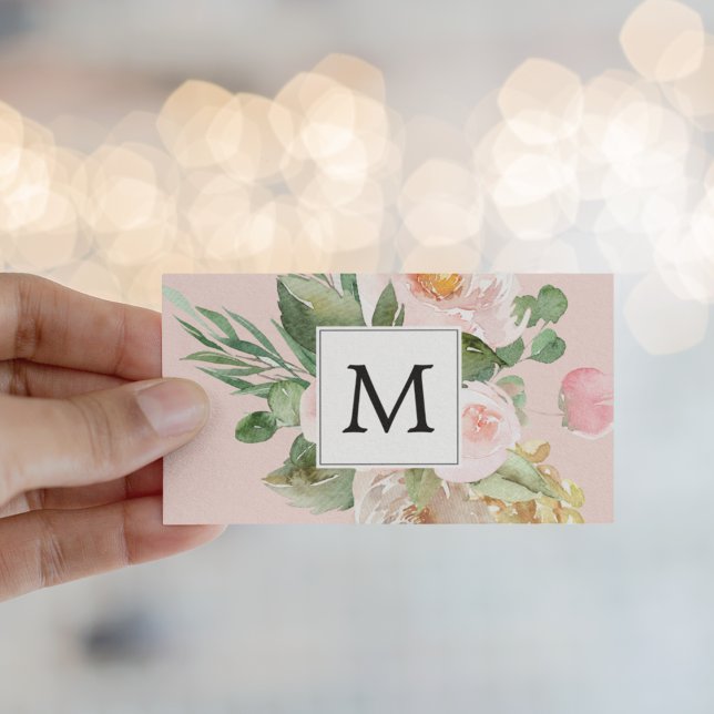 Moderne Aquarellfarben Rosa Blume Mit Monogramm Visitenkarte (Von Creator hochgeladen)