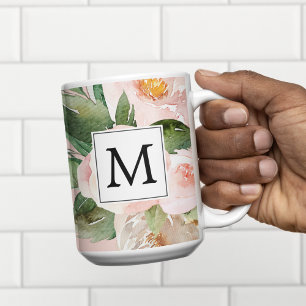 Moderne Aquarellfarben Rosa Blume Mit Monogramm Zweifarbige Tasse