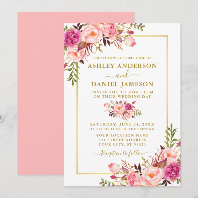Moderne Aquarellfarben Rosa Blush Bloral Hochzeit  Einladung (Vorne/Hinten)